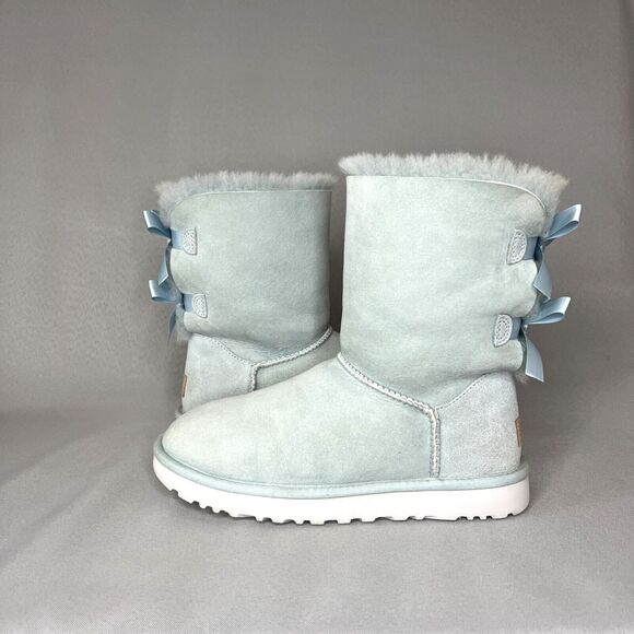 Womens 8 Ugg Boots Bailey Bow Ether Baby Blue Suede Sheepskin Coquette Very Rare - Picture 4 of 16